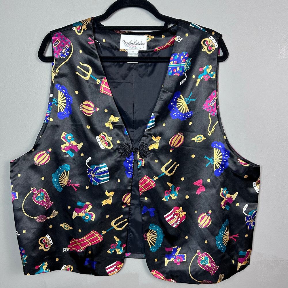 Diane‎ von Furstenberg vest size 1X novelty all over print Queen bows crown vtg